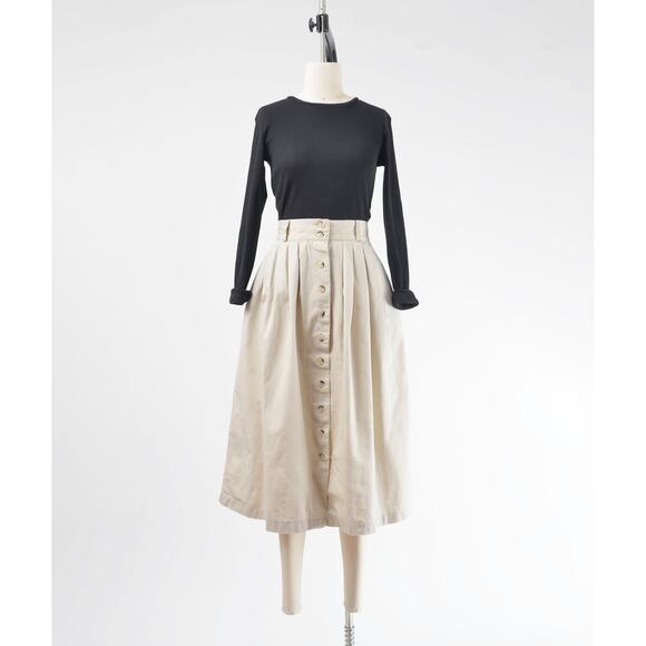 Vintage 90s Khaki Cotton Button Front Full Pleated Midi Skirt with Pockets S - Picture 2 of 7